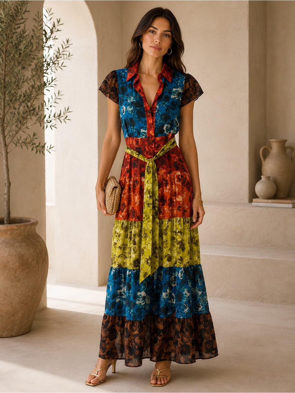 Alice + Olivia Miranda tiered maxi dress with belt